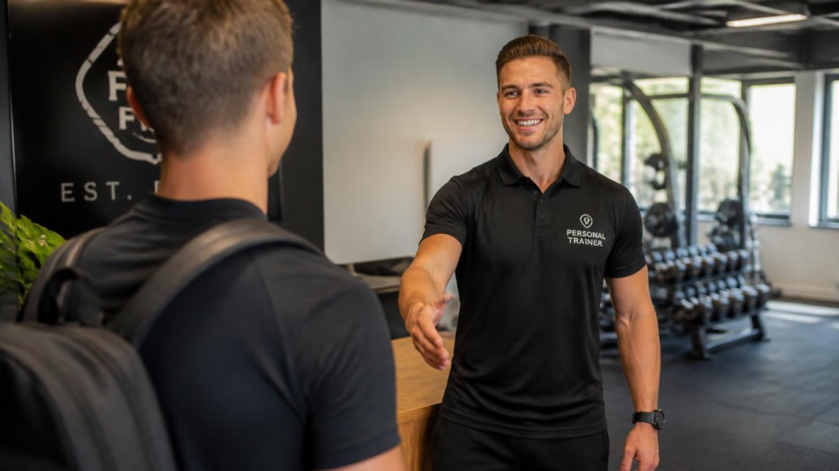 Personal trainer verwelkomt een klant in een professionele fitnessstudio