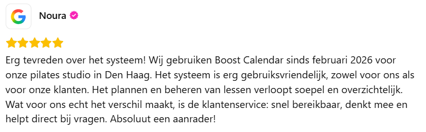Google review van een pilatesstudio over Boost Calendar